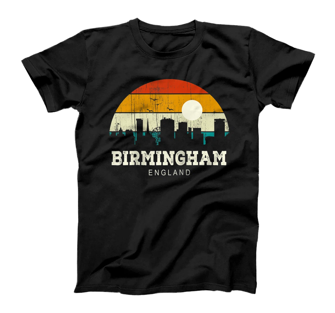 Vintage Retro Style Pine Tree Sun Birmingham England skyline T-Shirt, Women T-Shirt