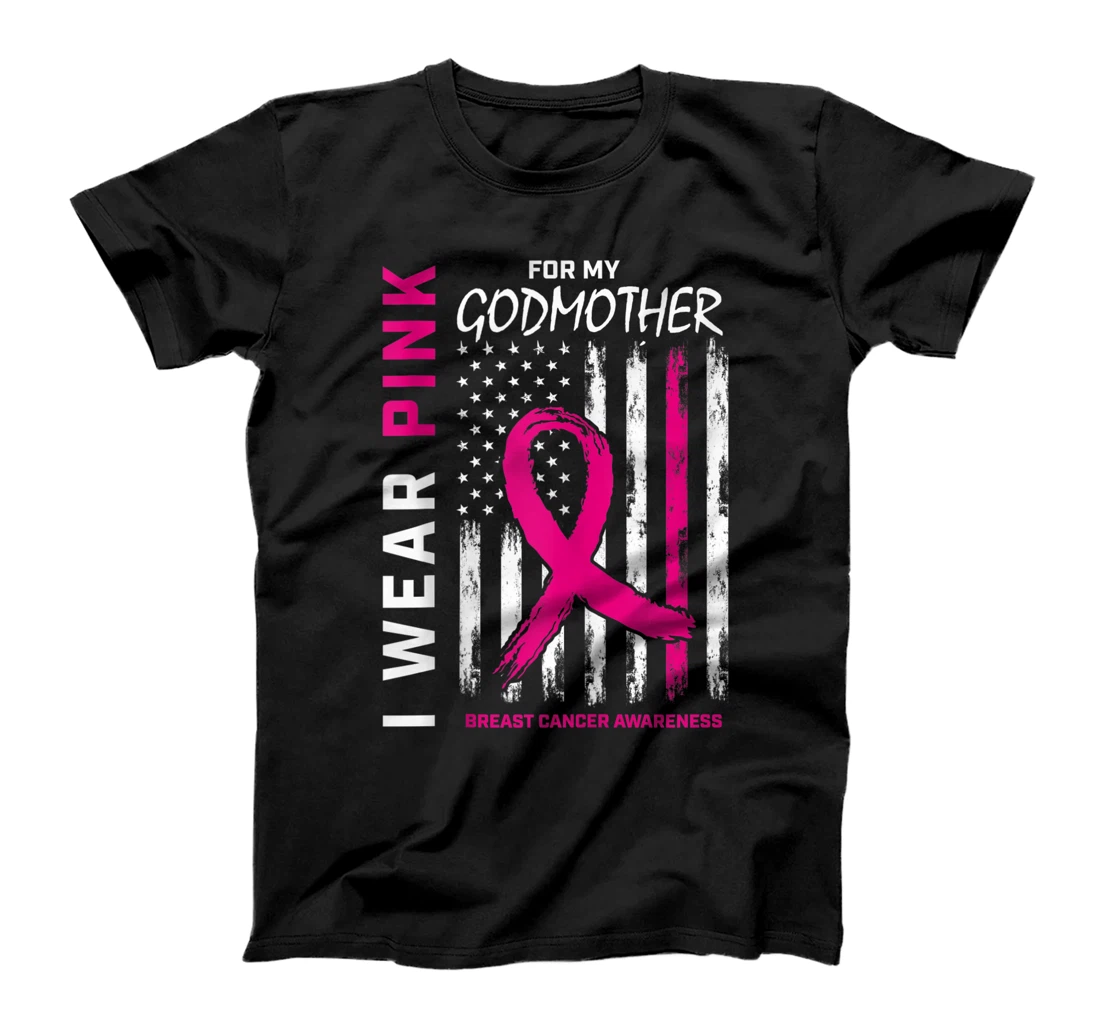 I Wear Pink Godmother Breast Cancer Awareness American Flag T-Shirt, Women T-Shirt