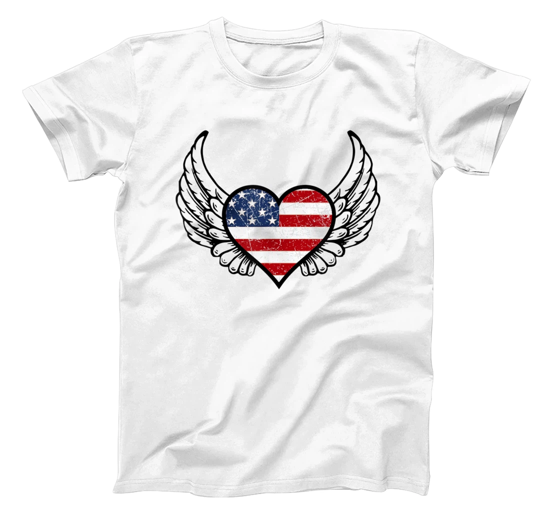 Distressed American Flag Heart with Wings Unisex T-Shirt, Kid T-Shirt and Women T-Shirt