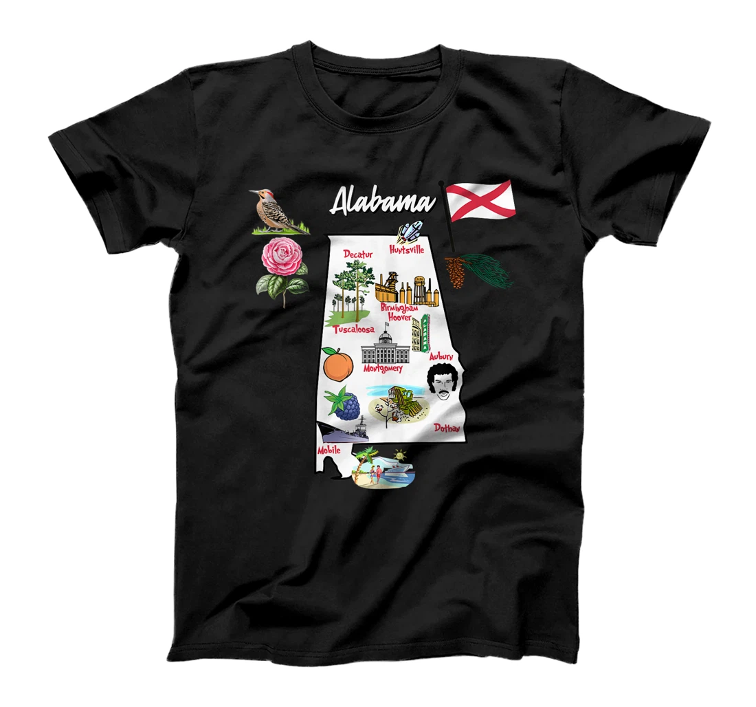 illustrated Map of Alabama in US with Cities and symbols T-Shirt, Women T-Shirt