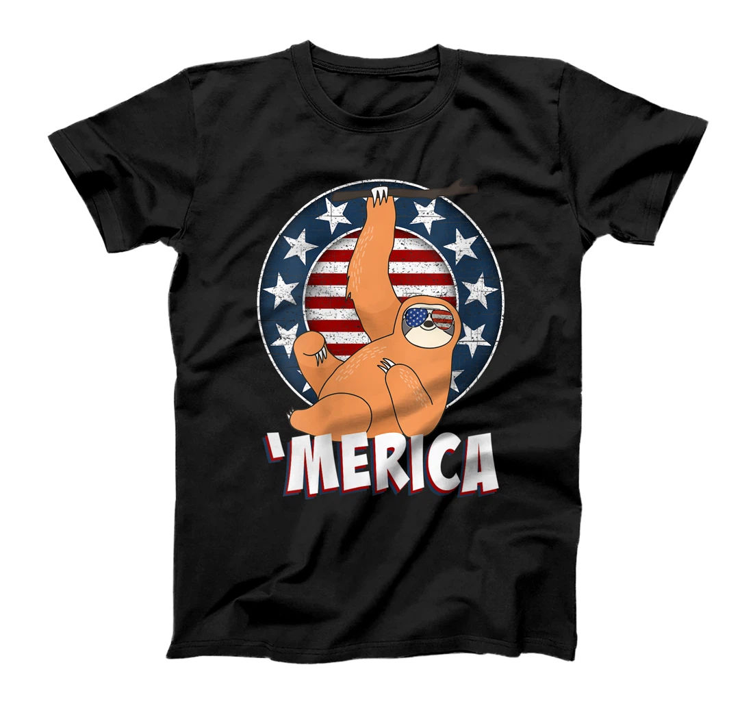 Womens Sloth Merica 4th of July USA Independence Graphic T-Shirt, Women T-Shirt