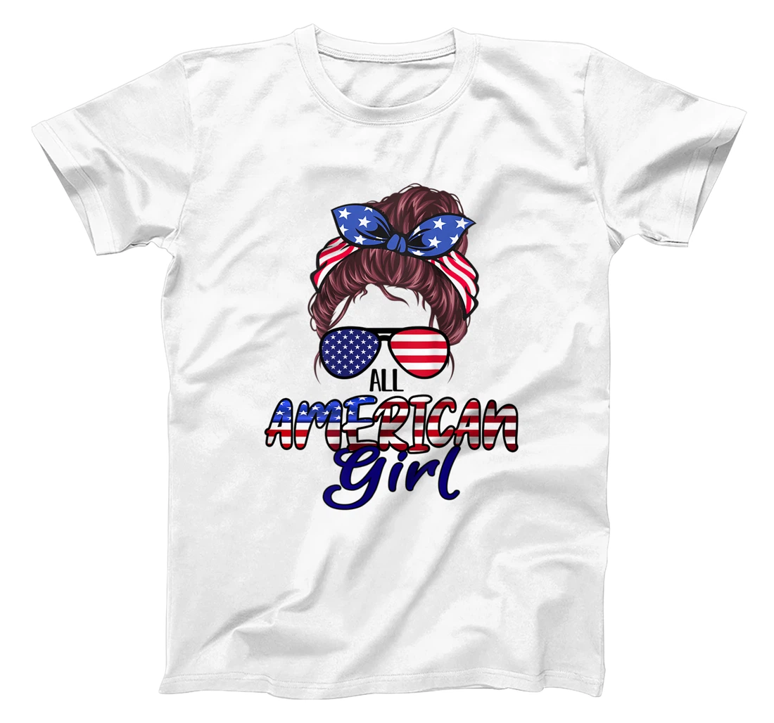 Womens All American Girl Messy Bun 4th of July Family Matching T-Shirt, Women T-Shirt