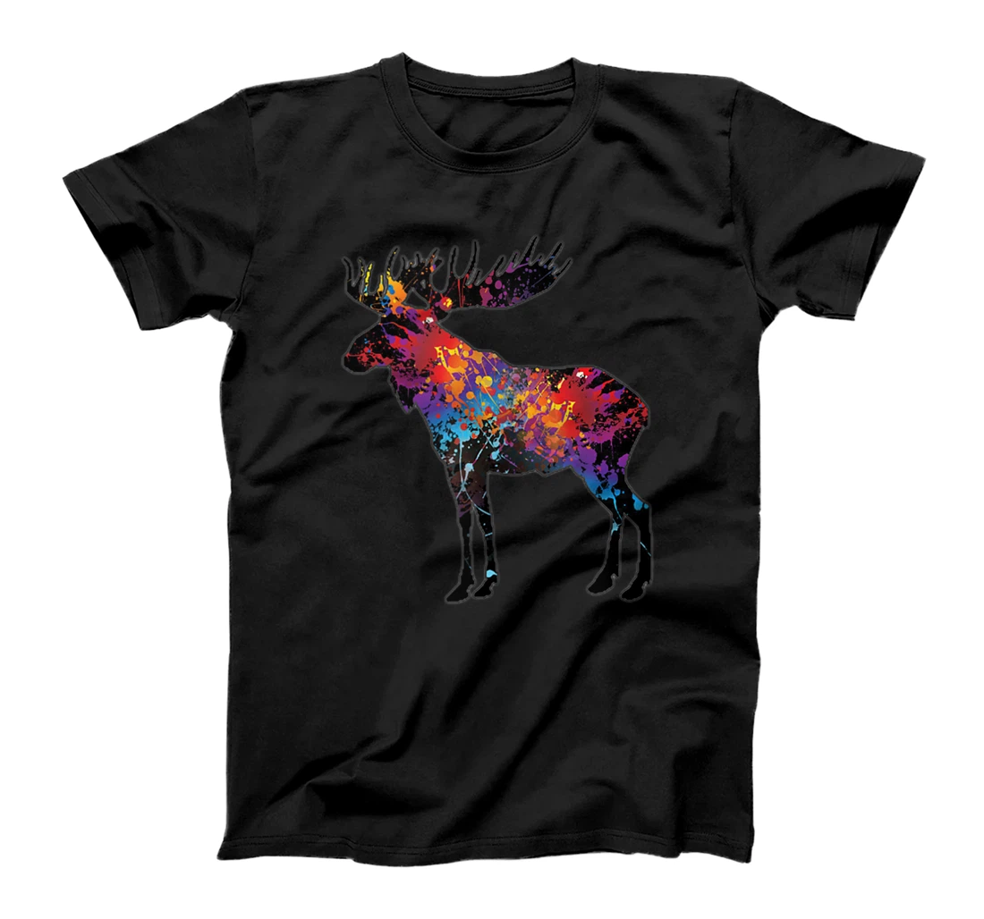 Colorful Canadian Moose Abstract Paint Wildlife T-Shirt, Women T-Shirt