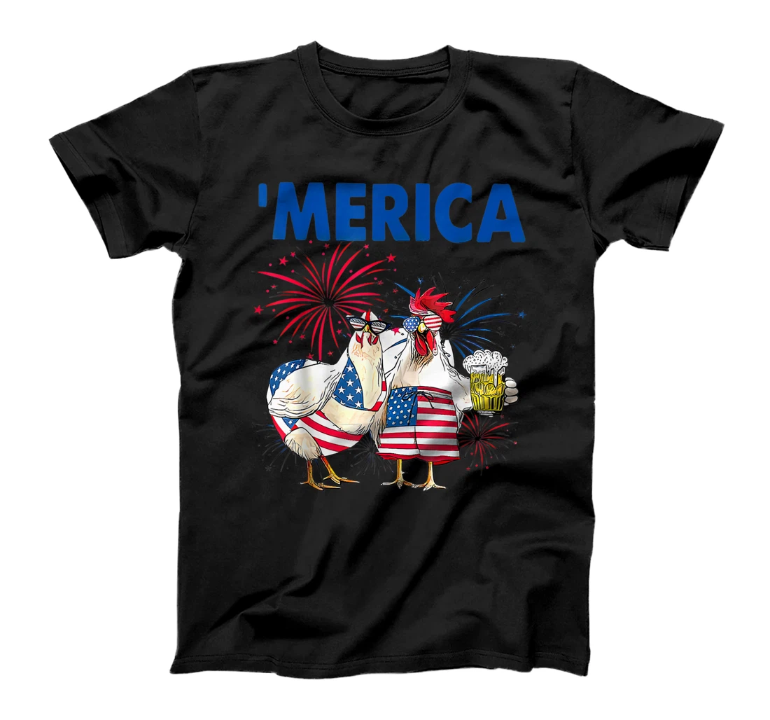 Couple Chicken Merica 4th Of July Summer American Flag T-Shirt, Women T-Shirt