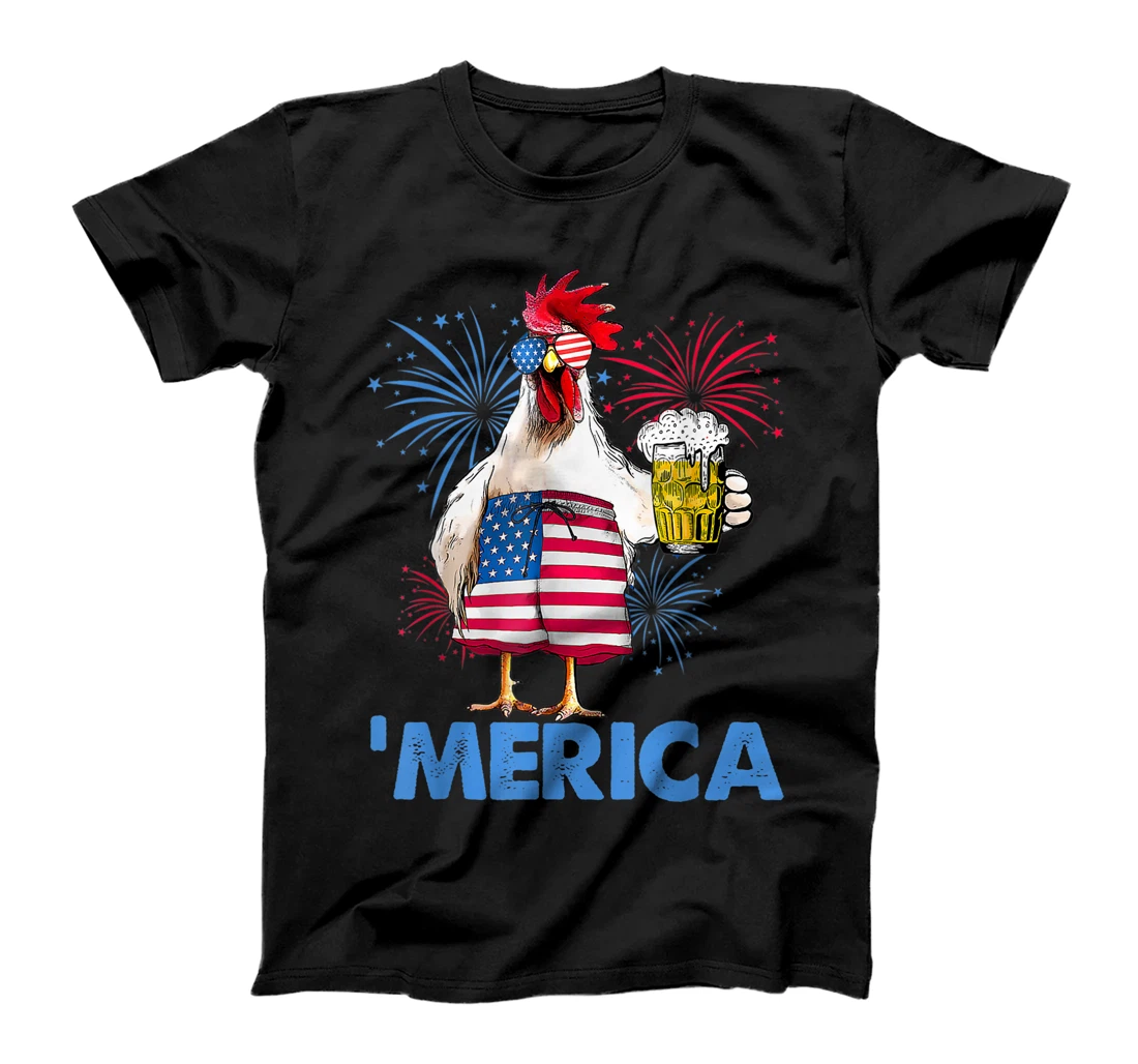 Personalized Merica Funny Chicken with beer USA Flag 4th of July T-Shirt, Women T-Shirt