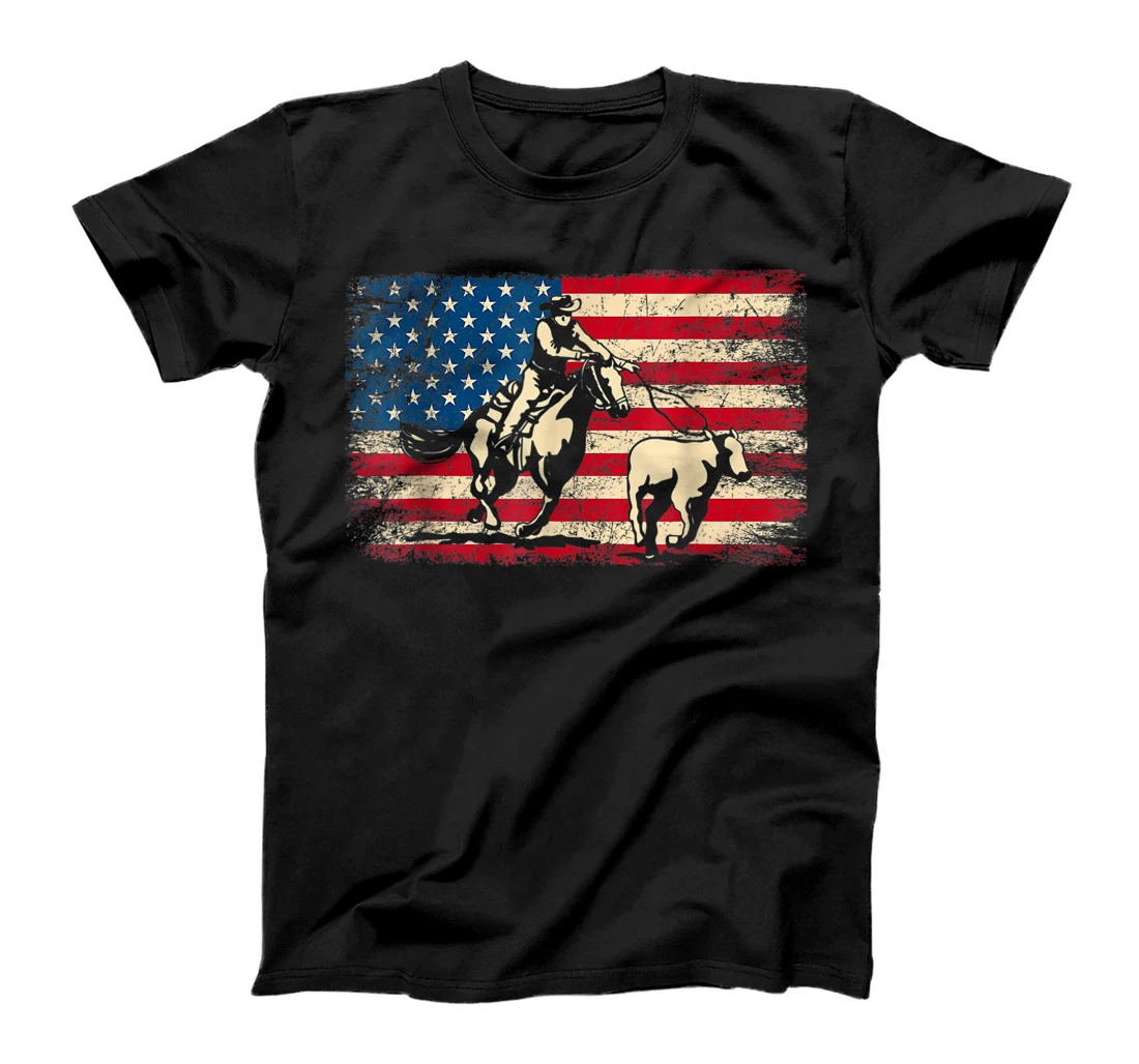 American Flag Team Roping Horse 4th Of July Patriotic T-Shirt, Women T-Shirt