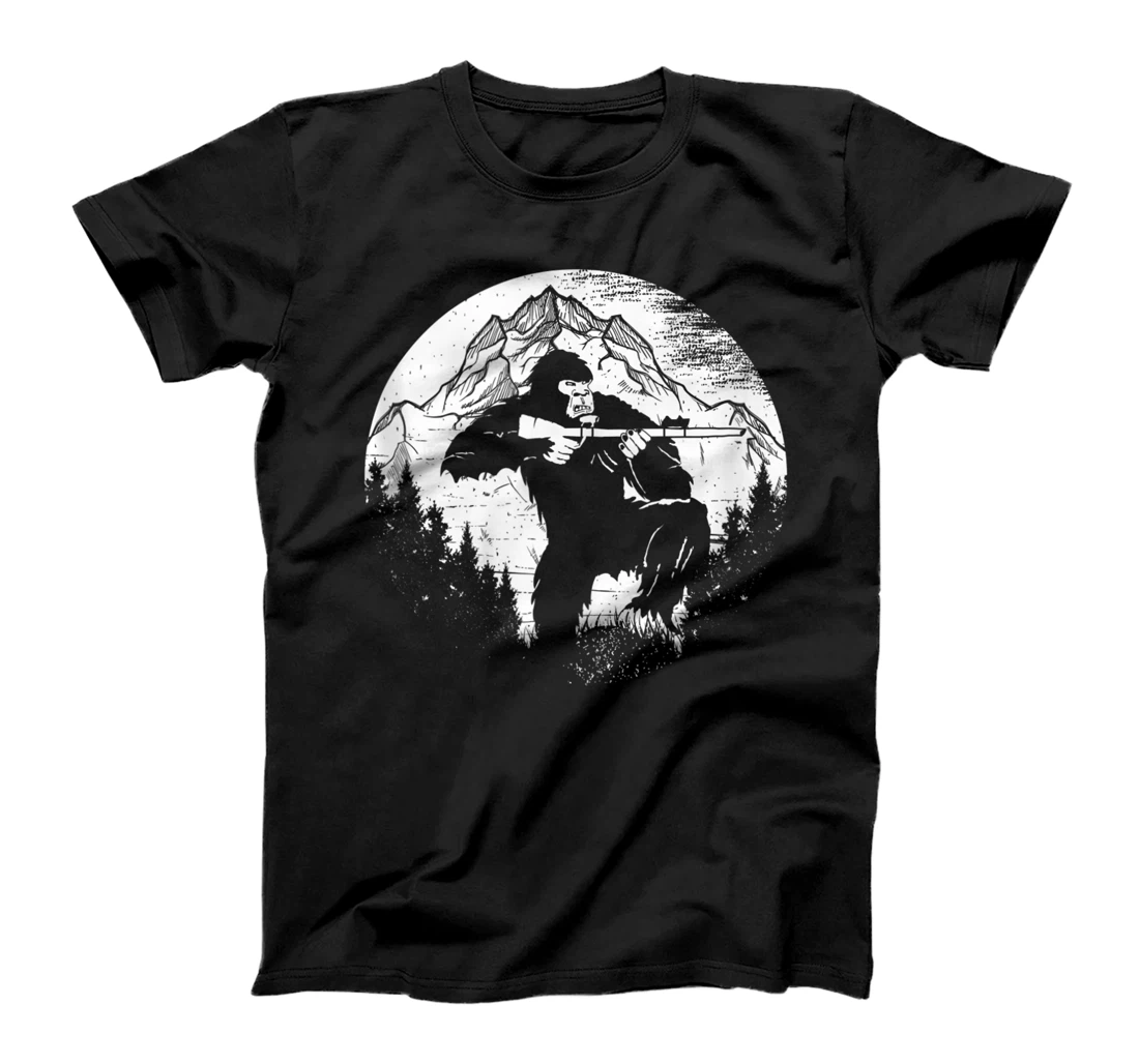 Hunting Gun Bigfoot Silhouette Trees and Mountains Lovers T-Shirt, Women T-Shirt