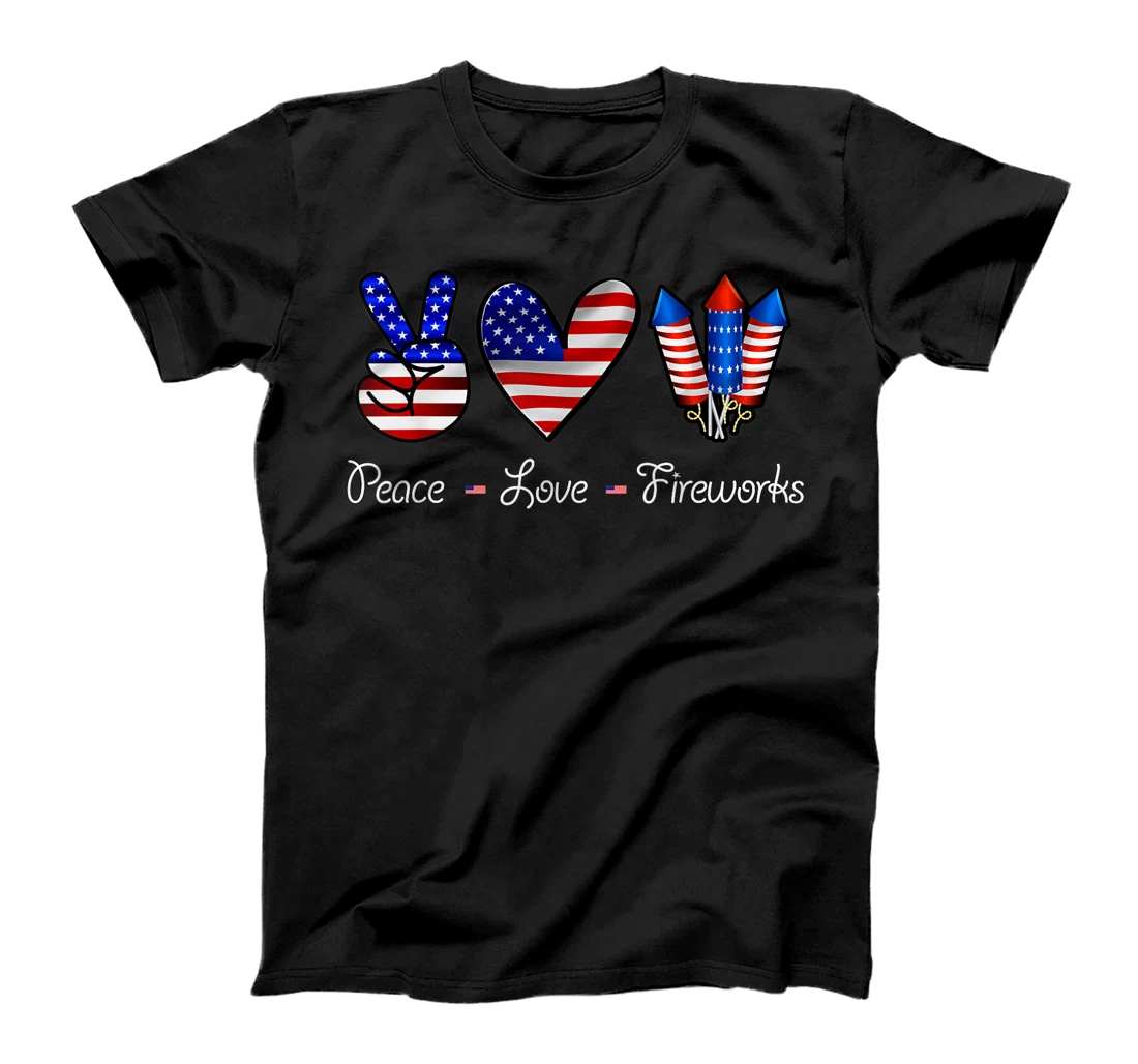 Personalized PEACE LOVE FIREWORKS Shirt 4th of July Celebration Gift T-Shirt, Women T-Shirt