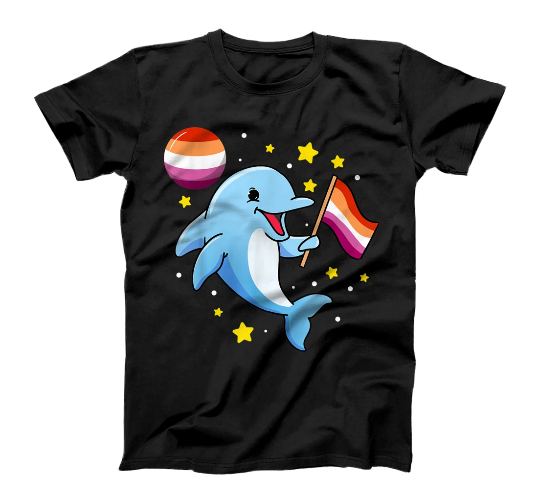 Dolphin In Space Orange Pink Lesbian T-Shirt, Women T-Shirt