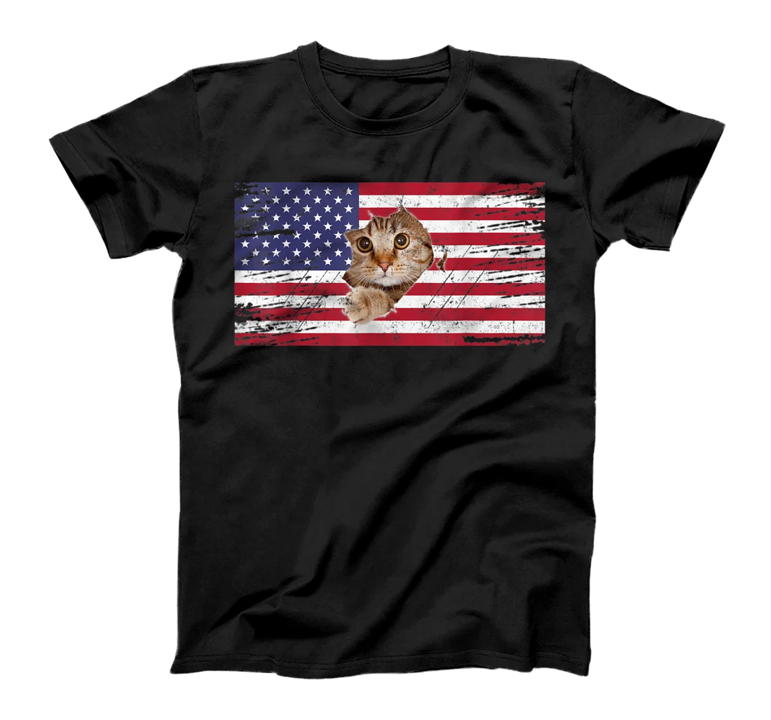 Personalized Sweet Kitten Torn Paper,USA Flag,Funny Cat Lover Cat Owner T-Shirt, Kid T-Shirt and Women T-Shirt