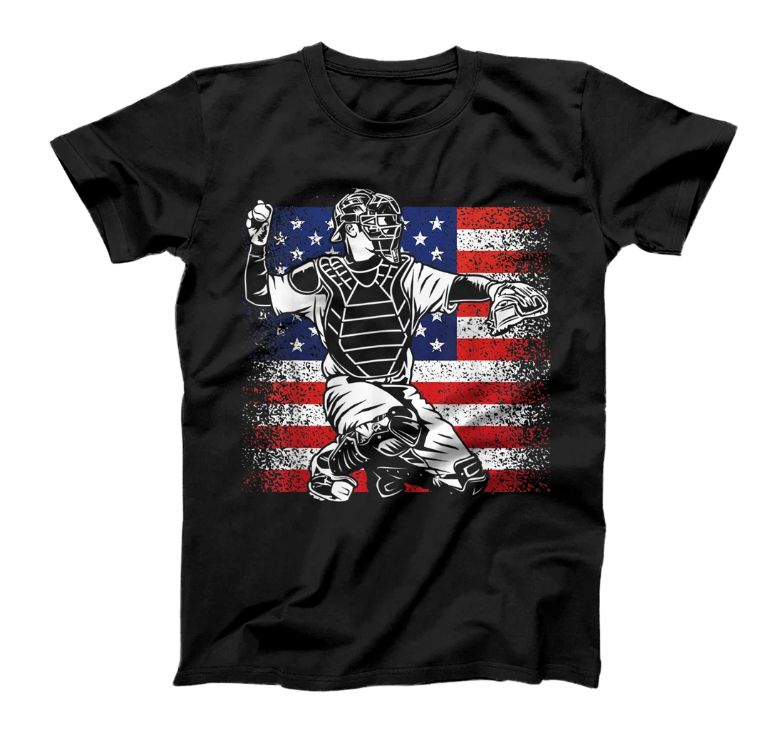 Personalized USA Flag Baseball Catcher Baseball Lover Funny 4th Of July T-Shirt, Kid T-Shirt and Women T-Shirt