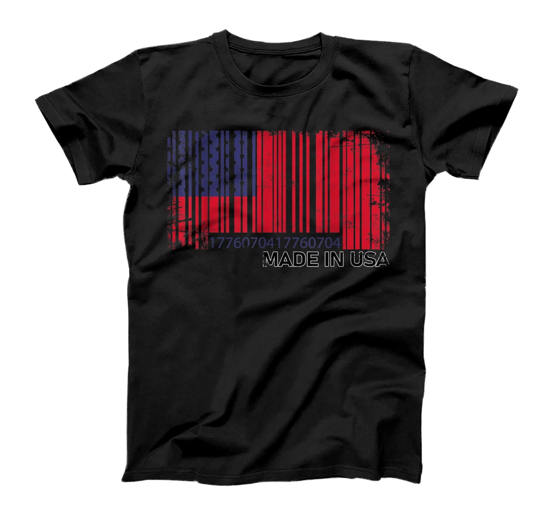 Personalized MADE IN USA MADE IN AMERICA US FLAG BARCODE STRIPES COLOR T-Shirt, Kid T-Shirt and Women T-Shirt