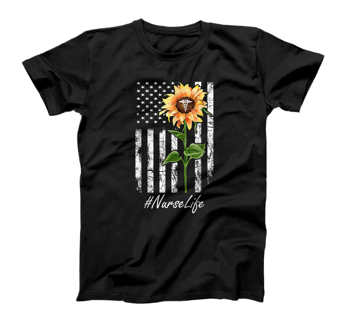 Nurse Life Sunflower Peace USA Flag America Independence Day T-Shirt, Women T-Shirt