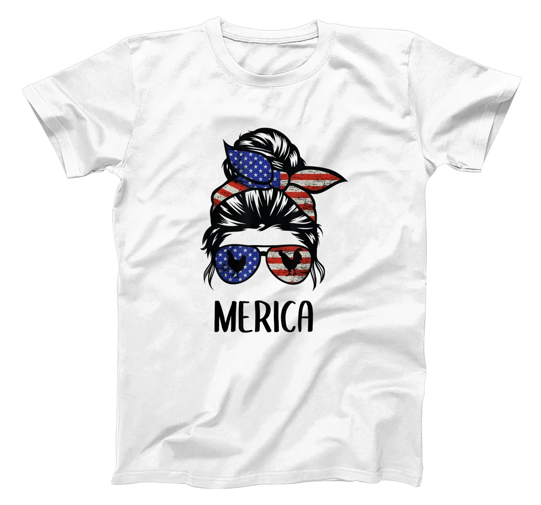 Merica Chicken Messy Bun Hair Glasses 4th of July 2021 T-Shirt, Kid T-Shirt and Women T-Shirt