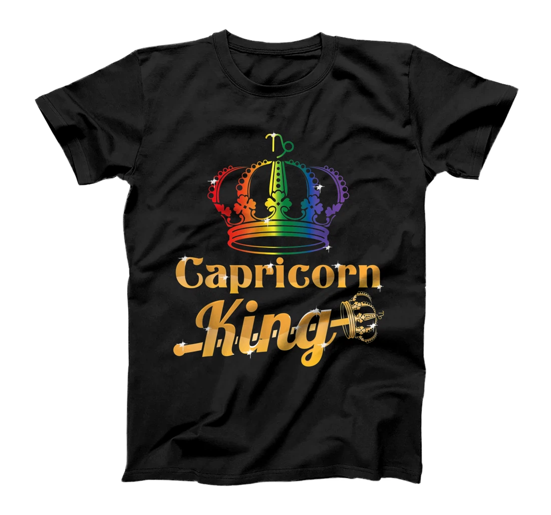 Mens LGBTQ Capricorn King with Rainbow Flag Gay Scepter Crown T-Shirt