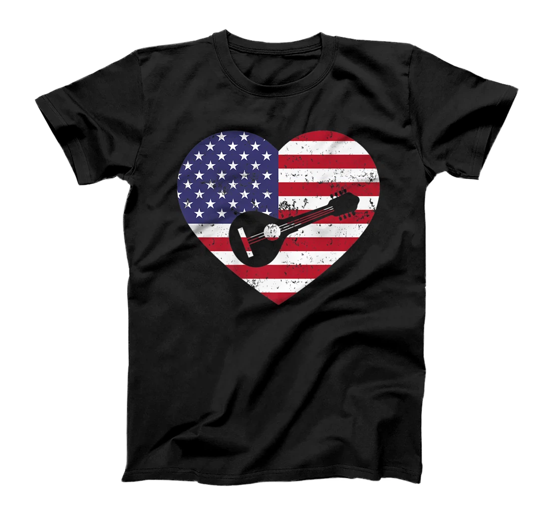 Personalized USA American Flag Heart Mandolin Musician 4th of July T-Shirt, Kid T-Shirt and Women T-Shirt