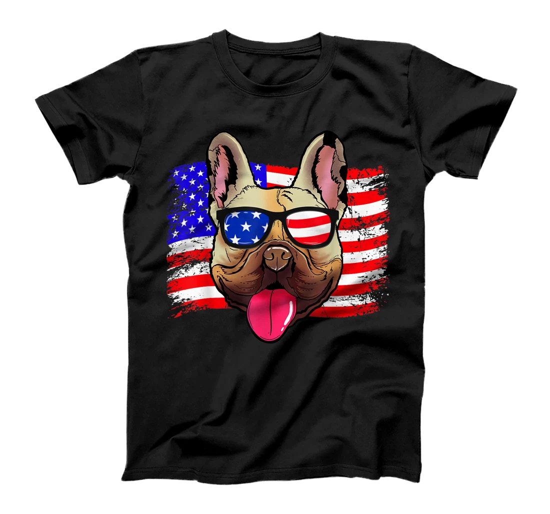 Personalized Womens French Bulldog 4th of July American Flag Sunglasses T-Shirt, Women T-Shirt