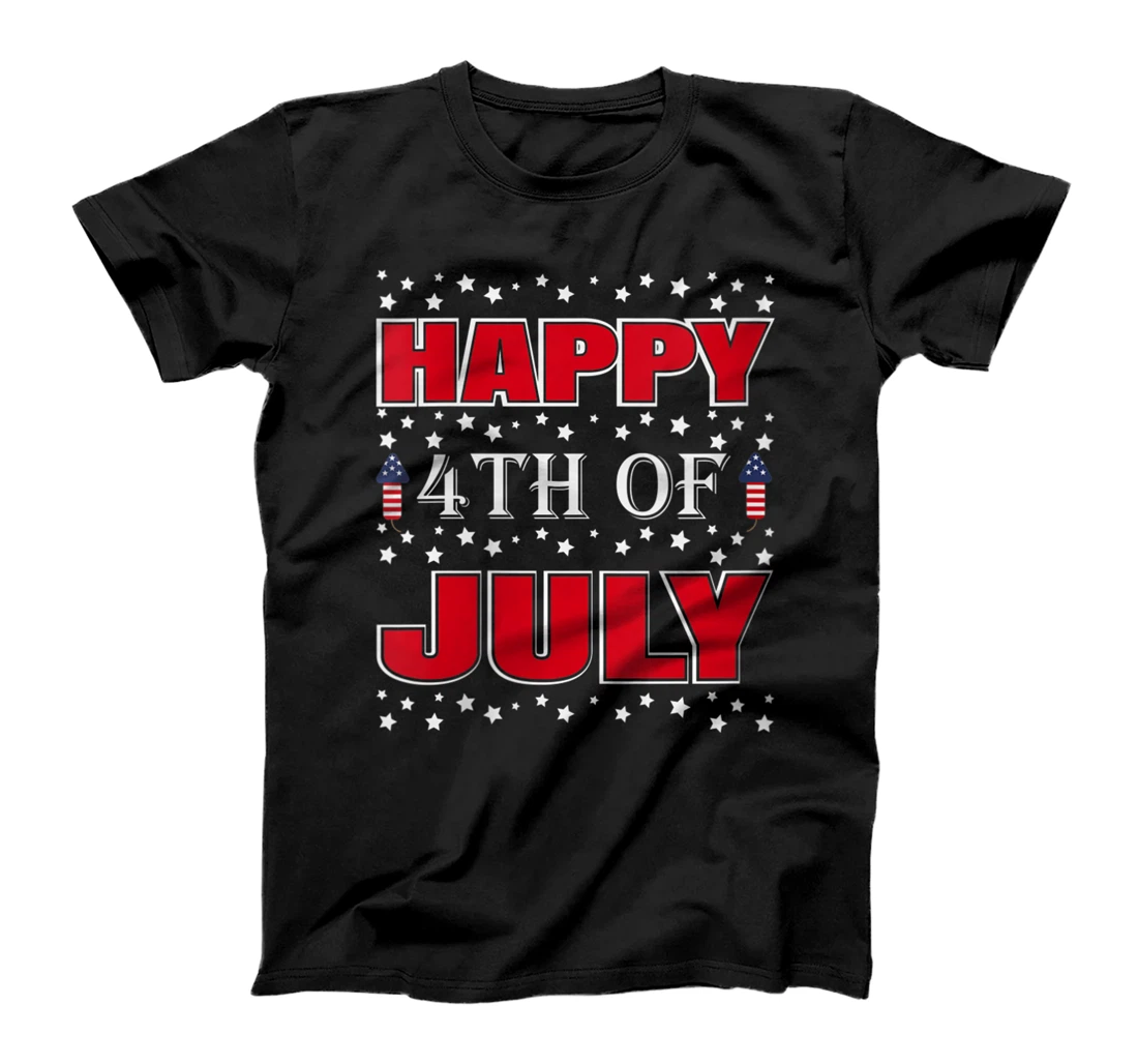 Womens Happy 4th of July USA Stars & Stripe Flag Rockets And Stars T-Shirt, Women T-Shirt