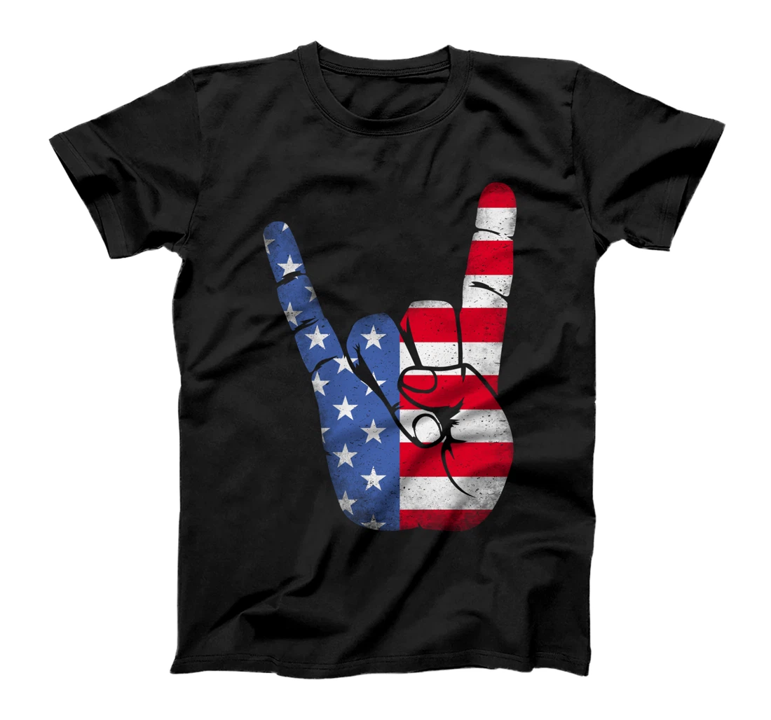 Rock Sign Hand Shirt Funny 4th of July American Flag Hand T-Shirt