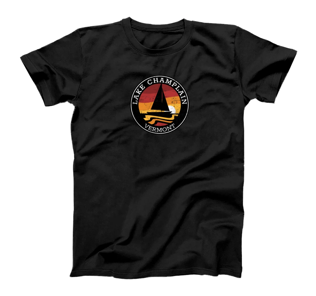 (2 Sided Print) Lake Champlain Vermont Sunset Sailing Retro T-Shirt