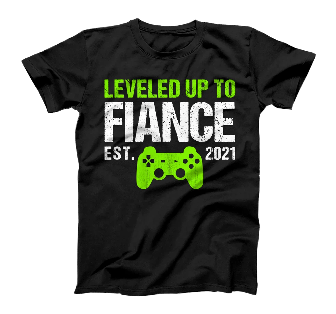 Funny Fiance Vintage Design Leveled Up To Fiance Est 2021 T-Shirt