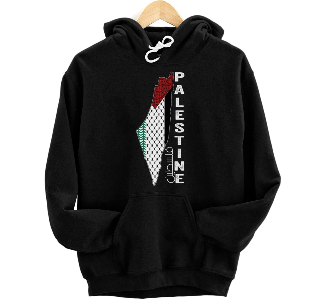 Personalized Palestinian Map Keffiyeh Thobe Patterns Palestine in Arabic Pullover Hoodie