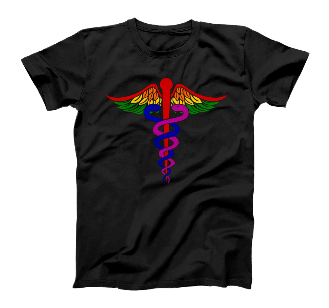 Gay Pride LGBT Rainbow Colors Caduceus Medical Symbol Nurse T-Shirt