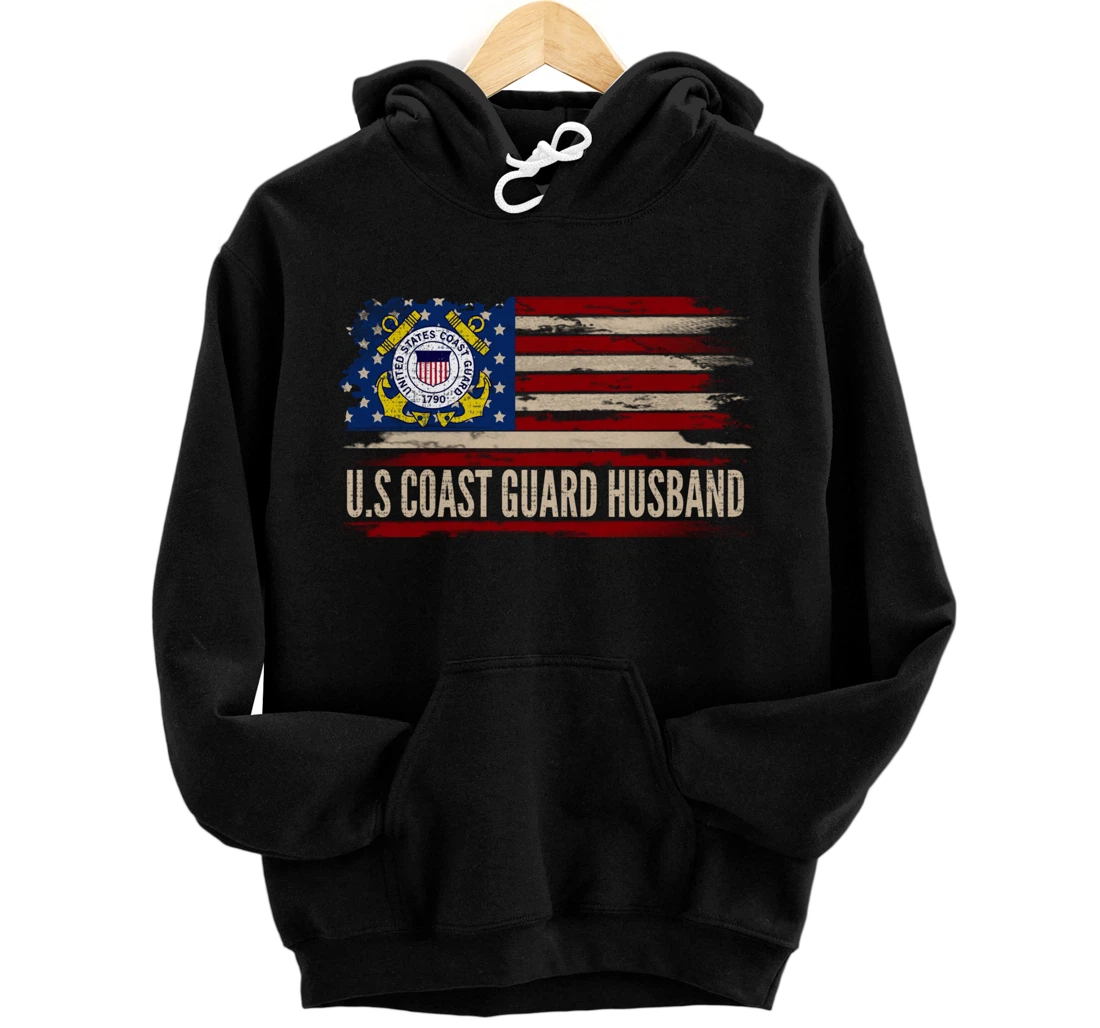 Personalized Vintage U.S Coast Guard Husband American Flag Veteran Gift Pullover Hoodie