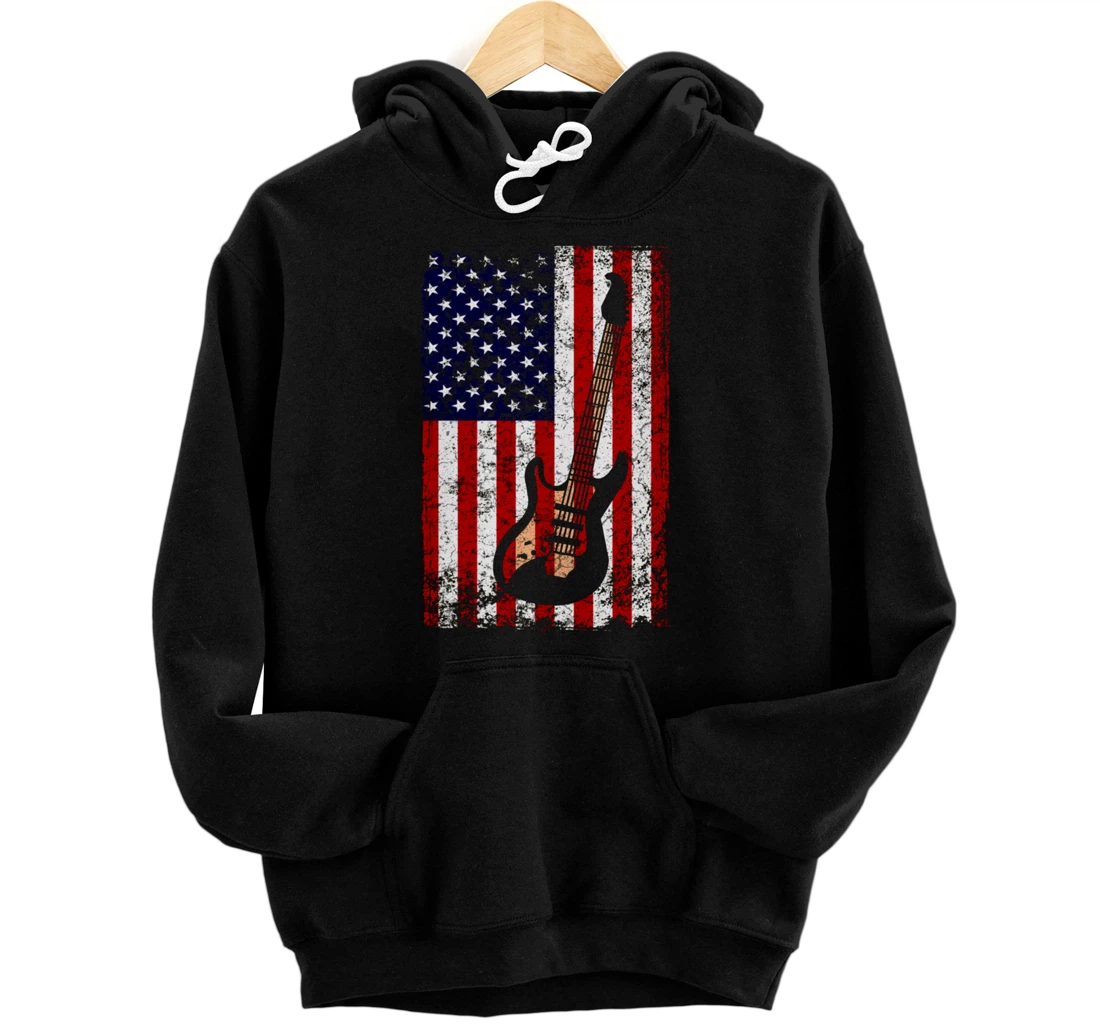 Vintage Guitar Guitarist US American Flag Pullover Hoodie