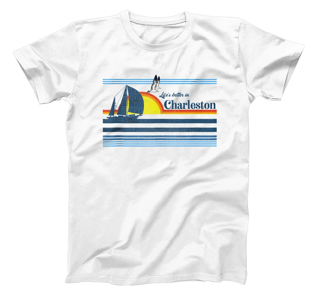 Personalized Charleston Beach Retro 70s 80s 90s Sailing Boat Sunset Surf T-Shirt, Women T-Shirt