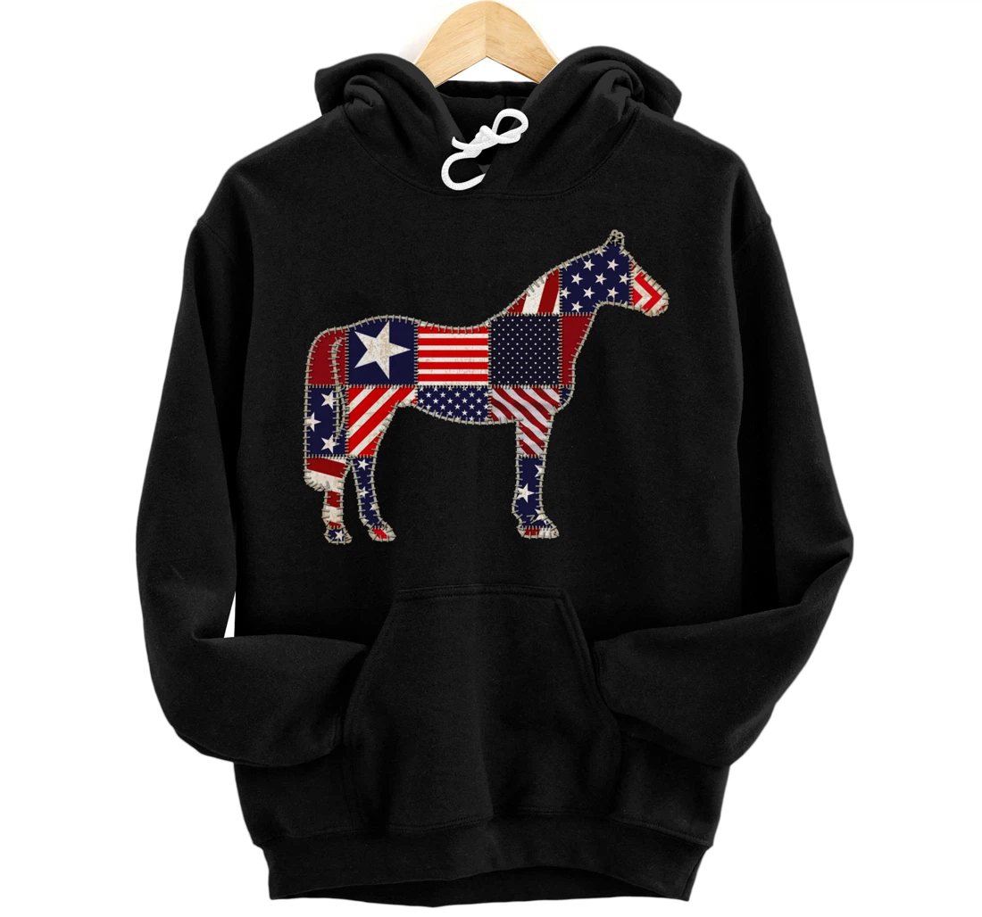 4th of July Horse Patchwork American Flag Women Girls Pullover Hoodie