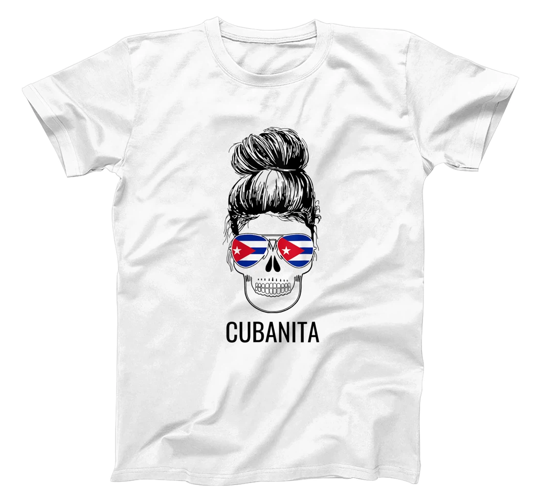 Personalized Womens Messy Bun Hair Cubanita woman Skull Free Cuba Flag T-Shirt, Women T-Shirt