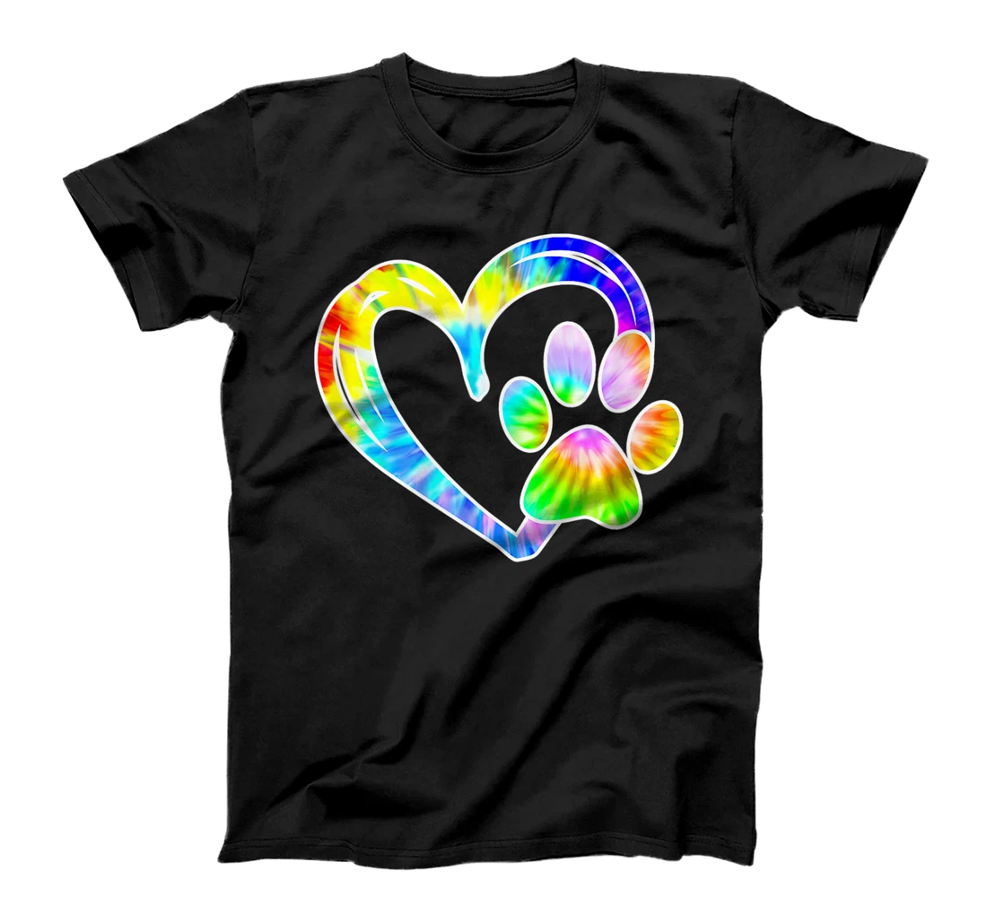Personalized Womens Paw Print with Heart Dog & Cat Animal Lover Rainbow Tie Dye T-Shirt, Kid T-Shirt and Women T-Shirt