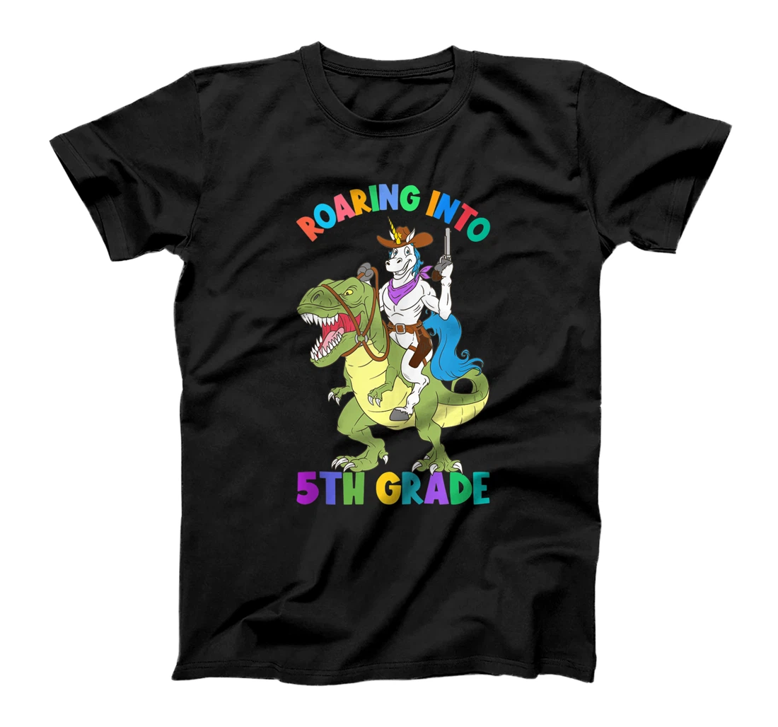 Roaring Into 5th Grade Unicorn Riding Dinosaur Back School T-Shirt, Women T-Shirt