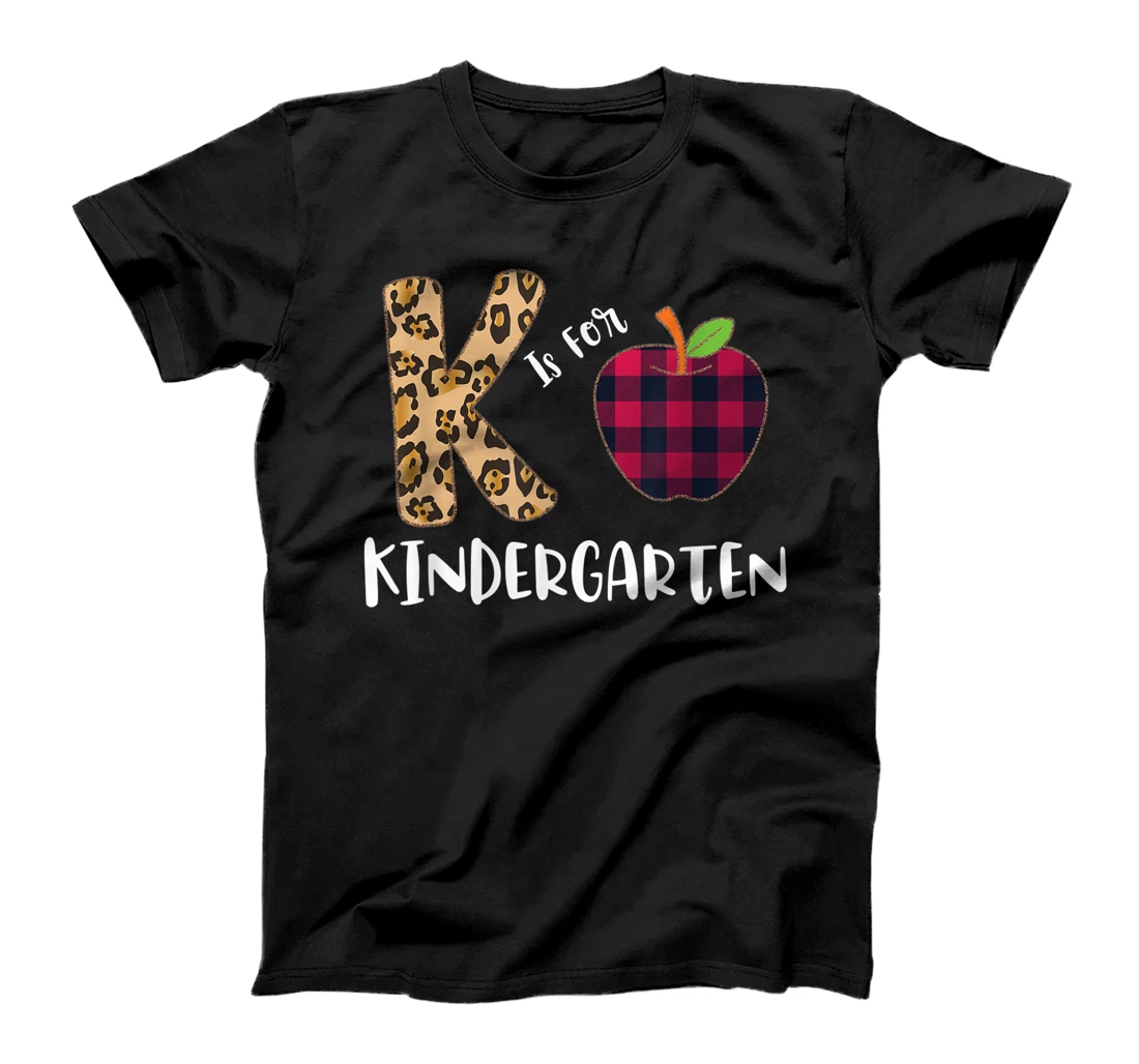Personalized K Is For Kindergarten Teacher Leopard Buffalo Plaid T-Shirt, Kid T-Shirt and Women T-Shirt