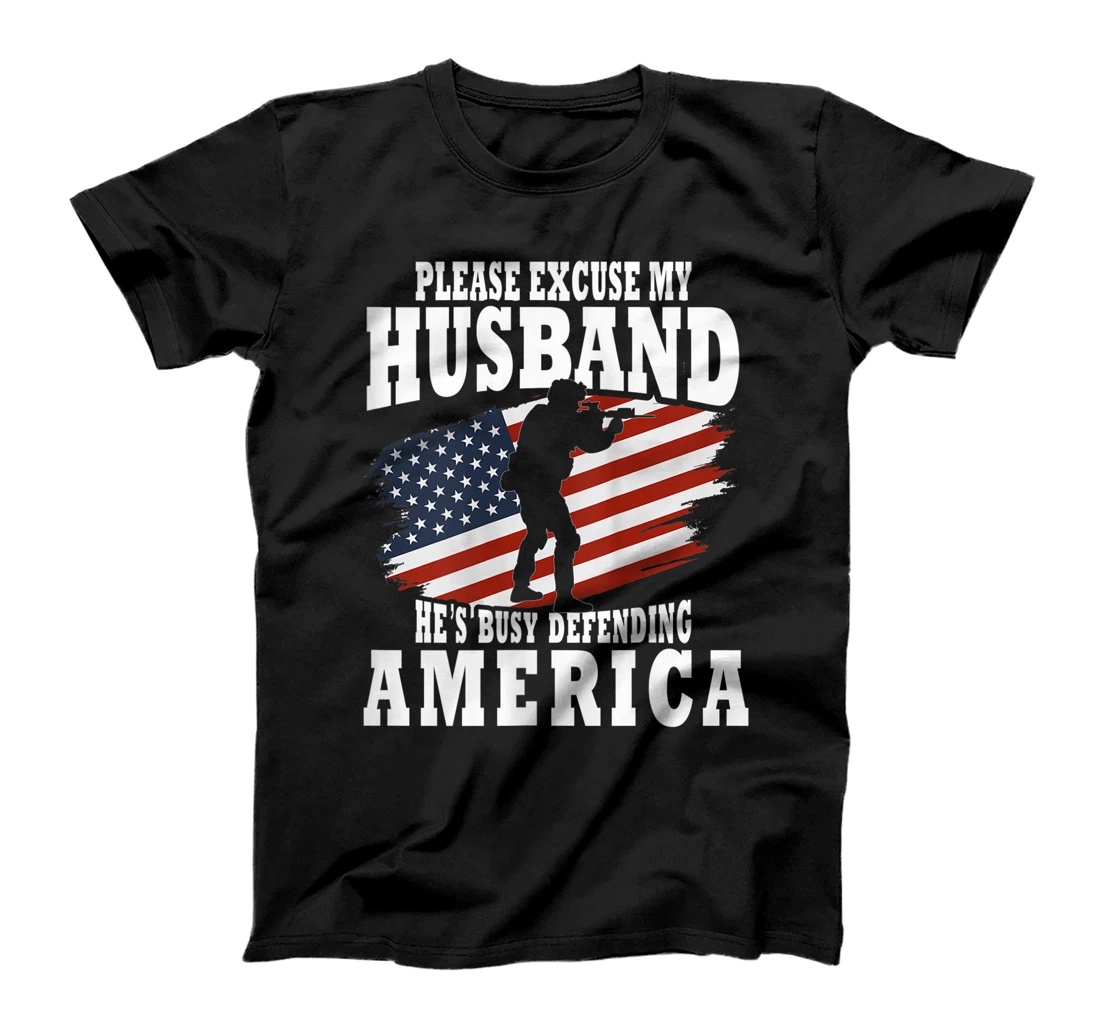 Personalized Womens Deployed Military Husband Defending America Veteran T-Shirt, Women T-Shirt