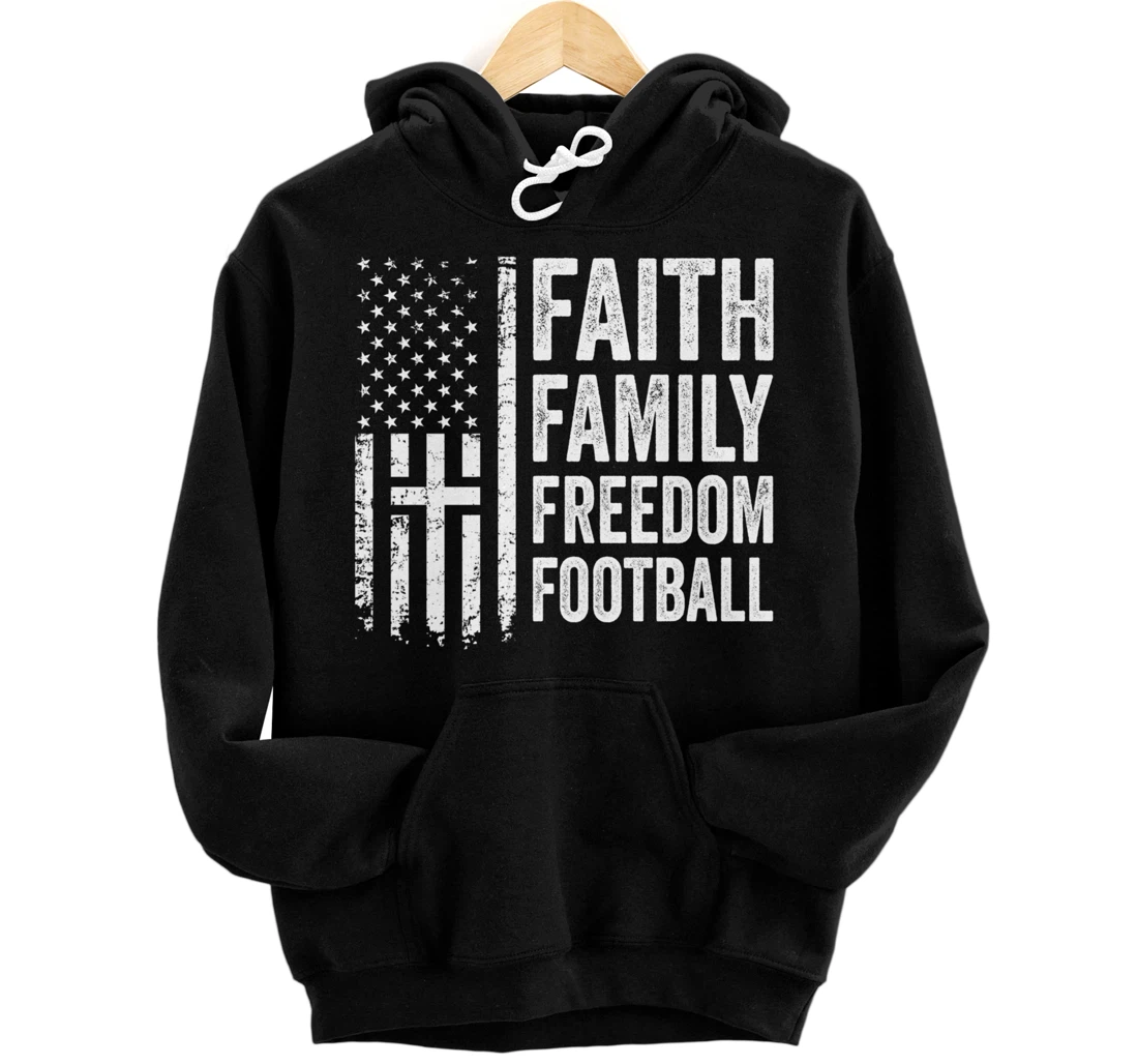 Faith Family Freedom Football - Christian Cross USA Flag Pullover Hoodie