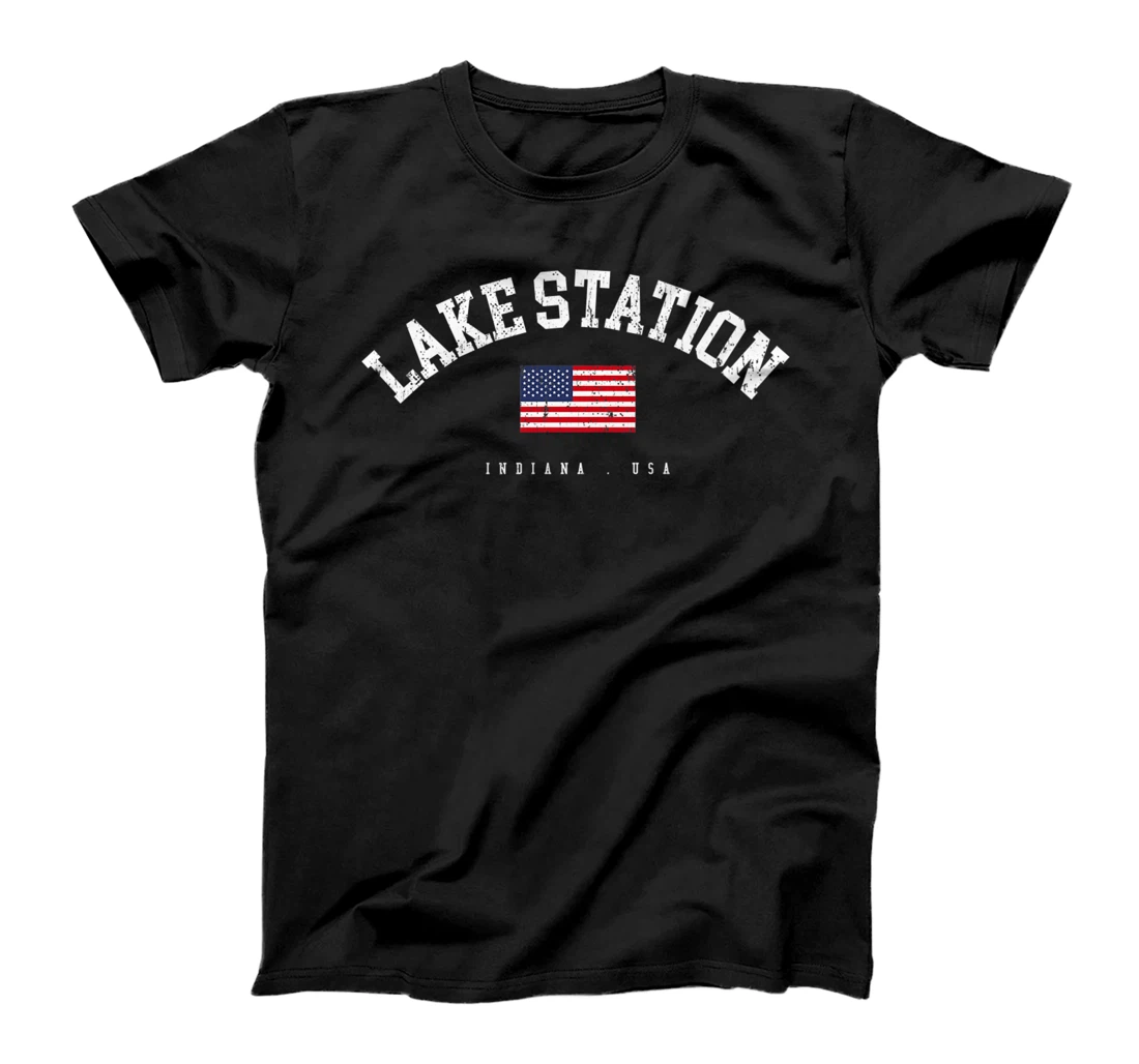 Personalized Lake Station IN Retro American Flag USA City Name T-Shirt, Women T-Shirt