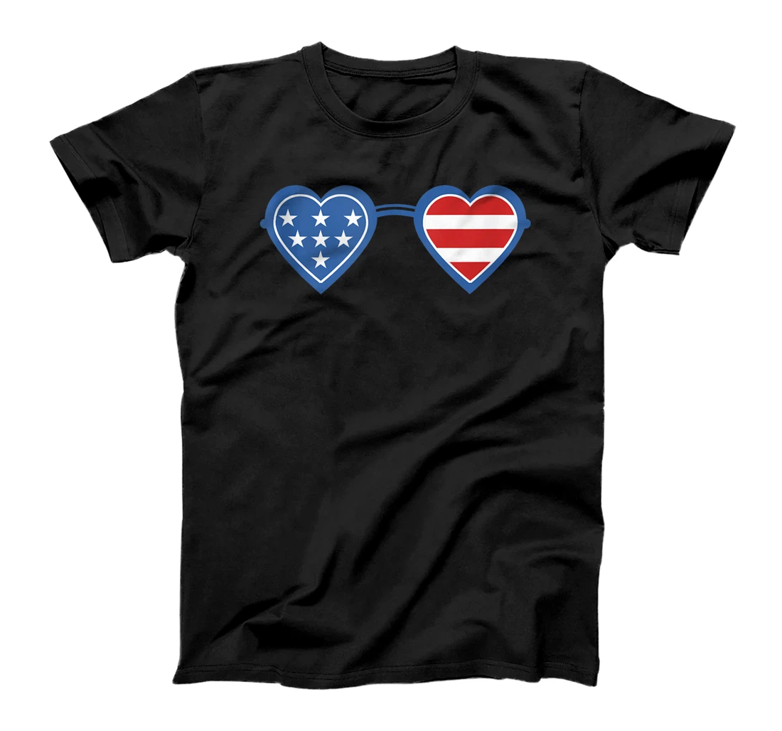 Personalized July 4th Independence Day American Flag Heart Sunglasses T-Shirt, Women T-Shirt