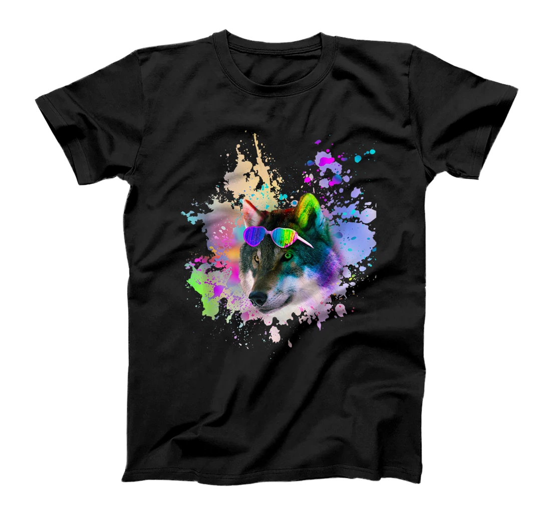 Personalized Wolf Wolves Wearing Love Rainbow Heart Glasses T-Shirt, Women T-Shirt