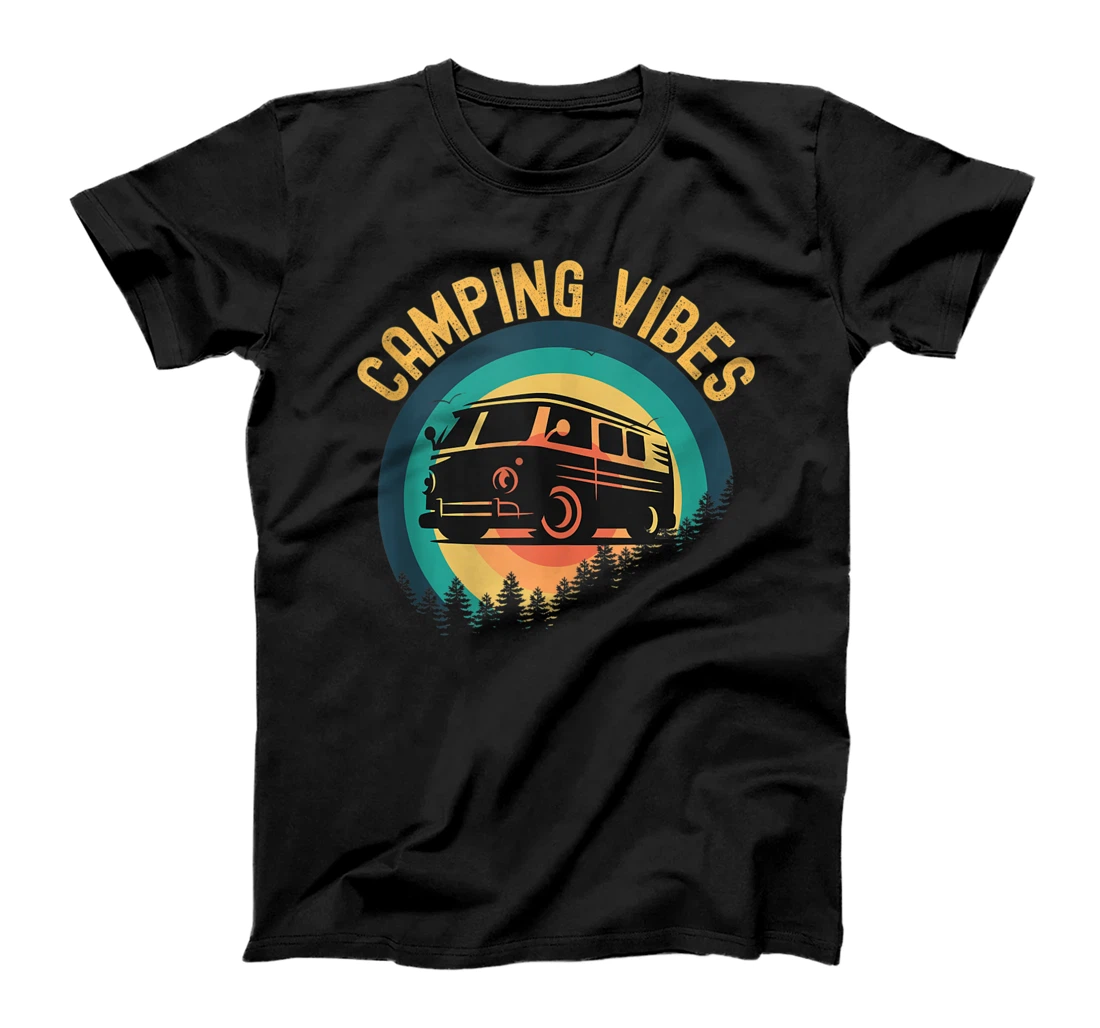 Personalized Camping Vibes Retro Travel Van Camper Evergreen Trees Retro T-Shirt, Women T-Shirt