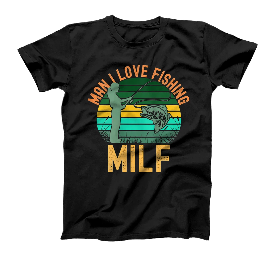 Womens MILF Man I Love Fishing Bass Fisher Retro Sunset Funny T-Shirt, Women T-Shirt