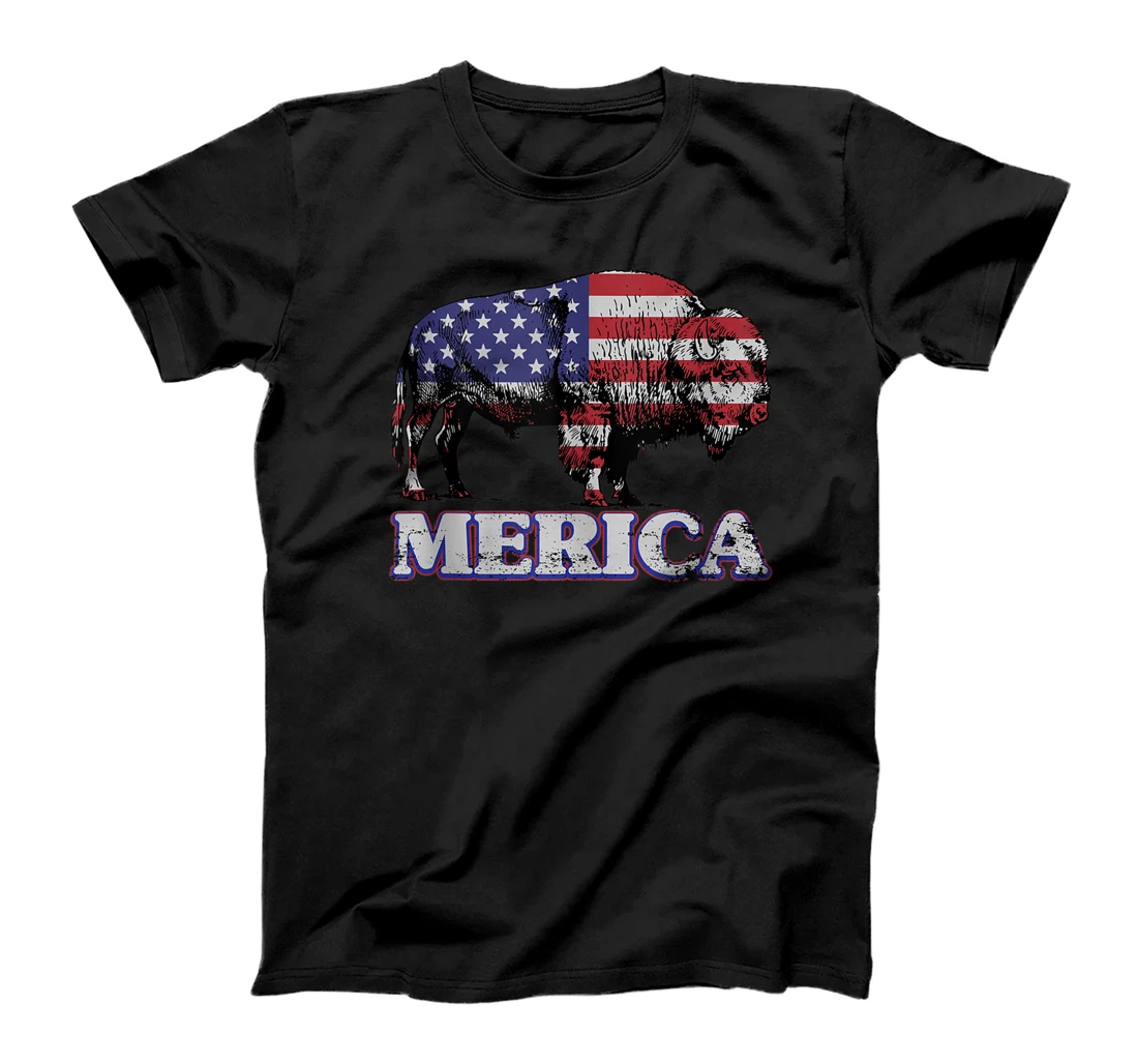 Merica Bison Buffalo 4th of July American Flag T-Shirt, Women T-Shirt