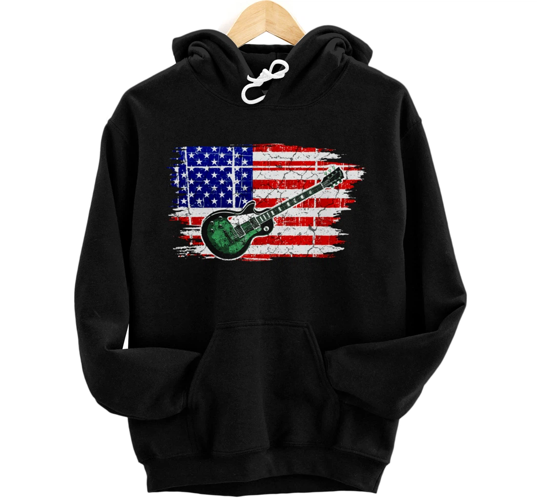 Vintage Guitar Guitarist US American Flag Pullover Hoodie