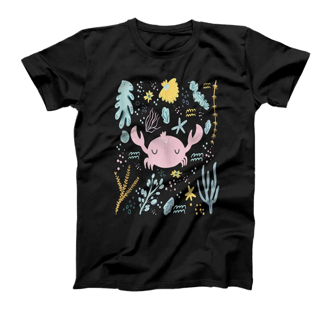 Cute Underwater Scene Pastel Pink Crab Shells Botanicals T-Shirt, Women T-Shirt