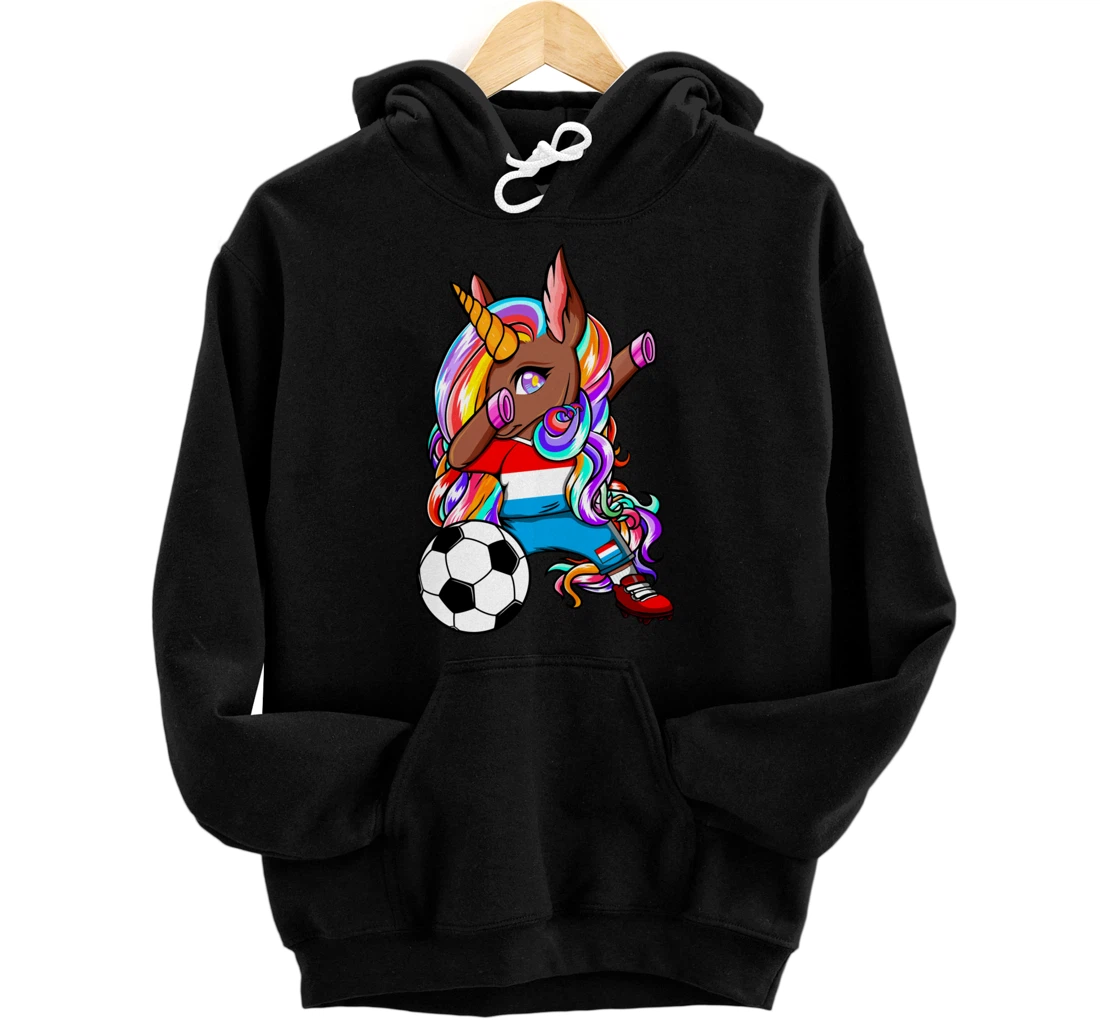 Personalized Dabbing Brown Skin Unicorn Luxembourg Soccer Fans Jersey Pullover Hoodie