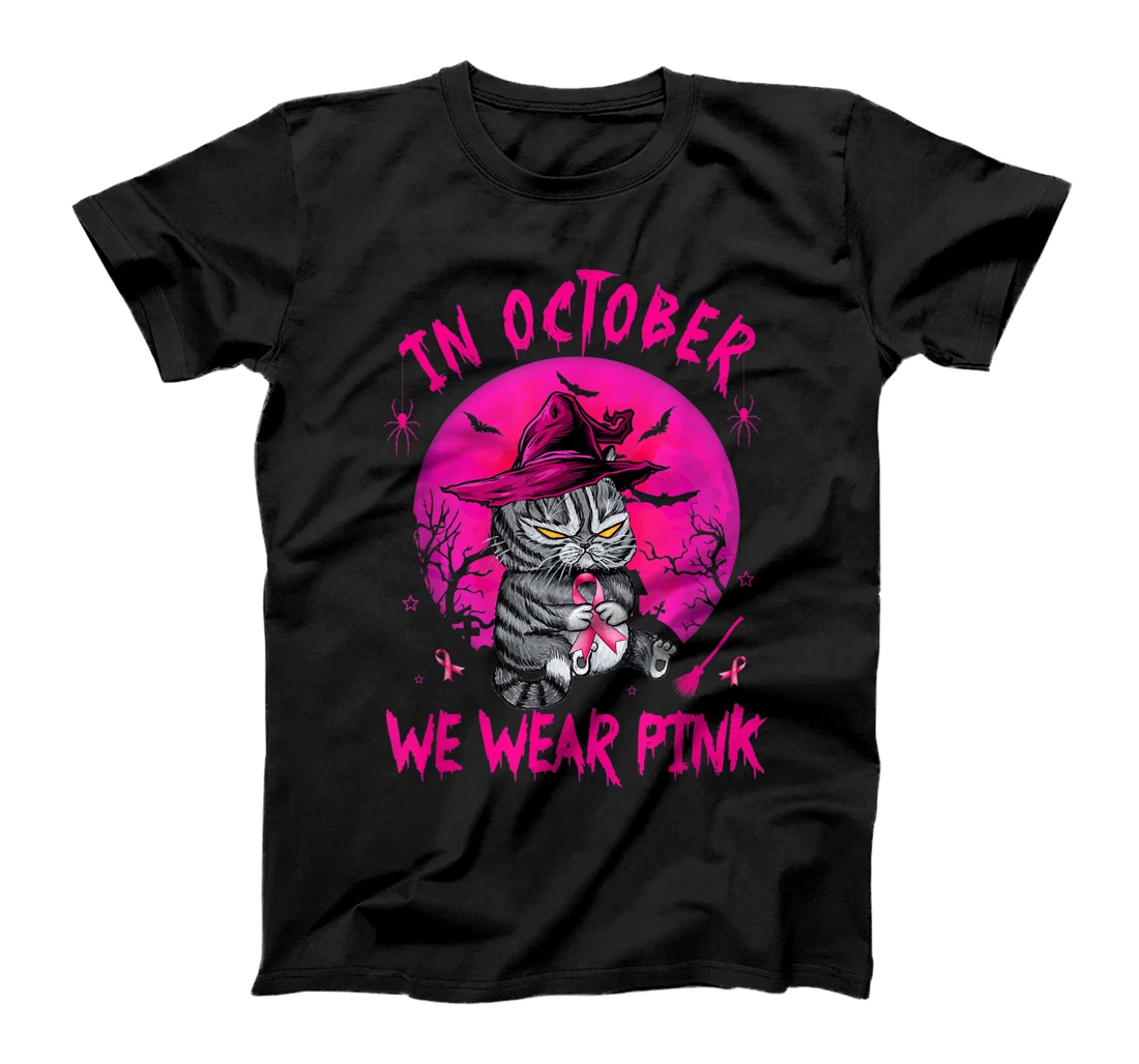 In October We Wear Pink Cute Cat Breast Cancer Awareness T-Shirt, Women T-Shirt