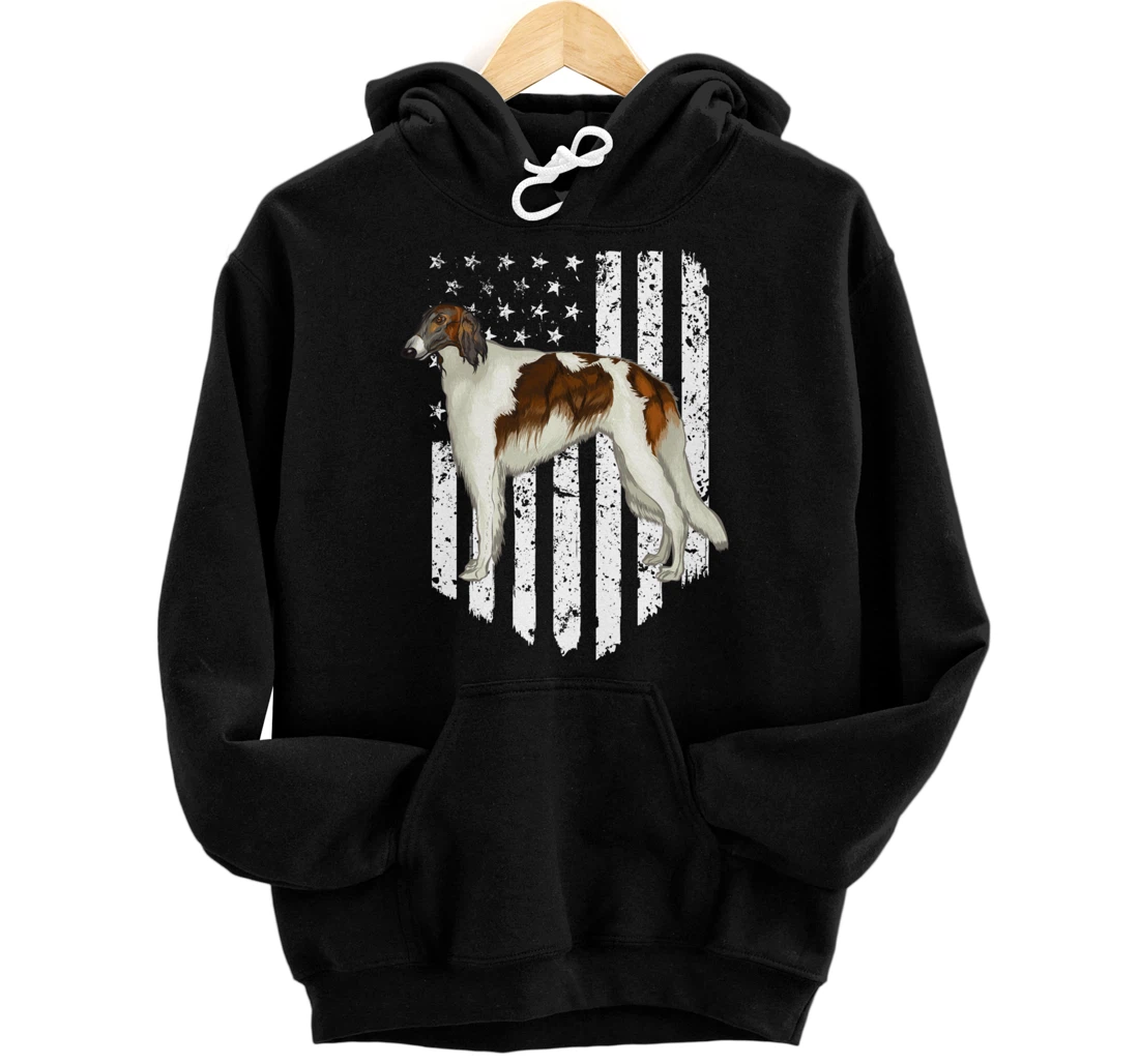 Personalized Black White American Flag Borzoi 4th Of July USA Pullover Hoodie