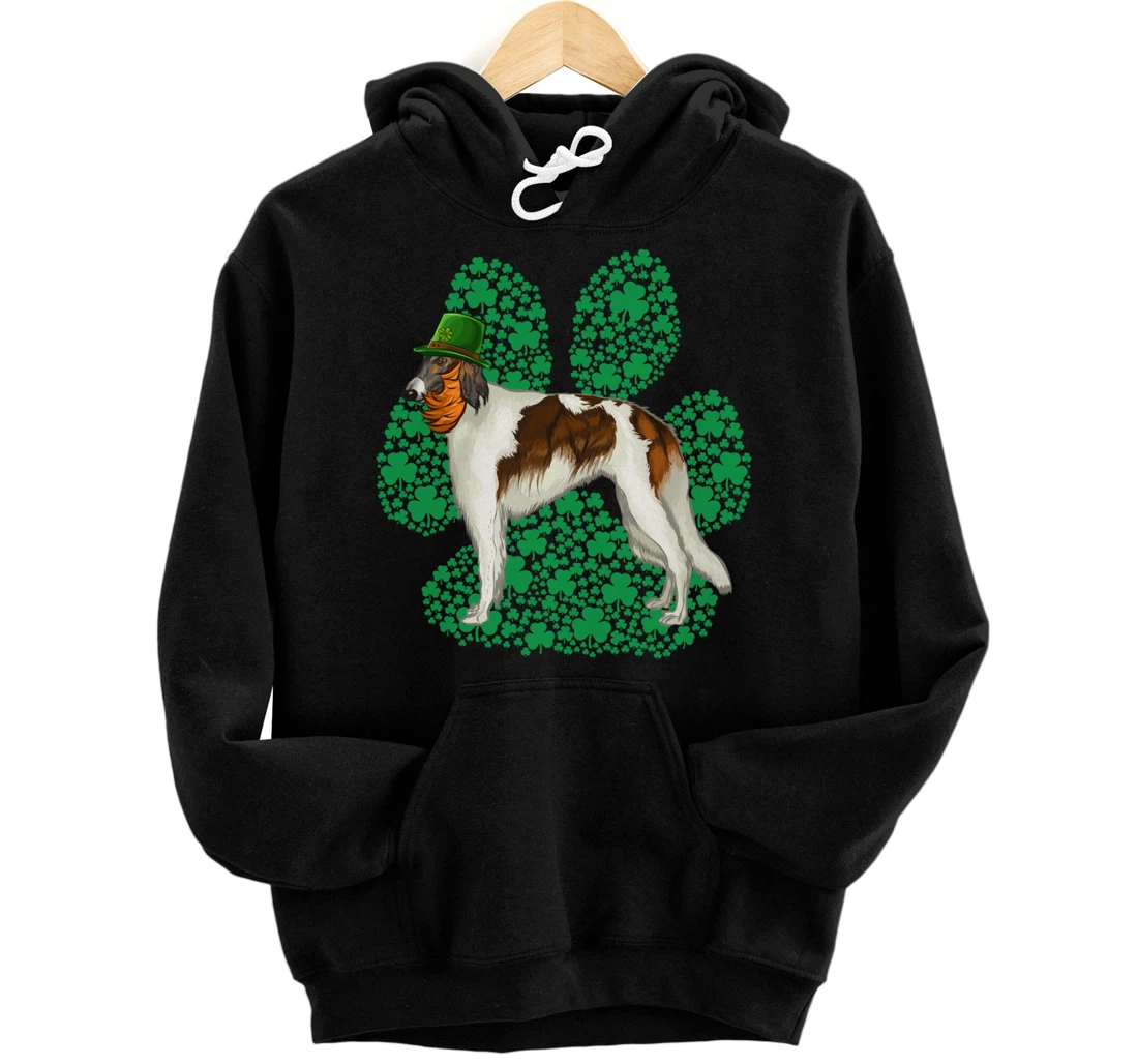 Personalized Leprechaun Borzoi St Patricks Day Shamrock Paw Pullover Hoodie