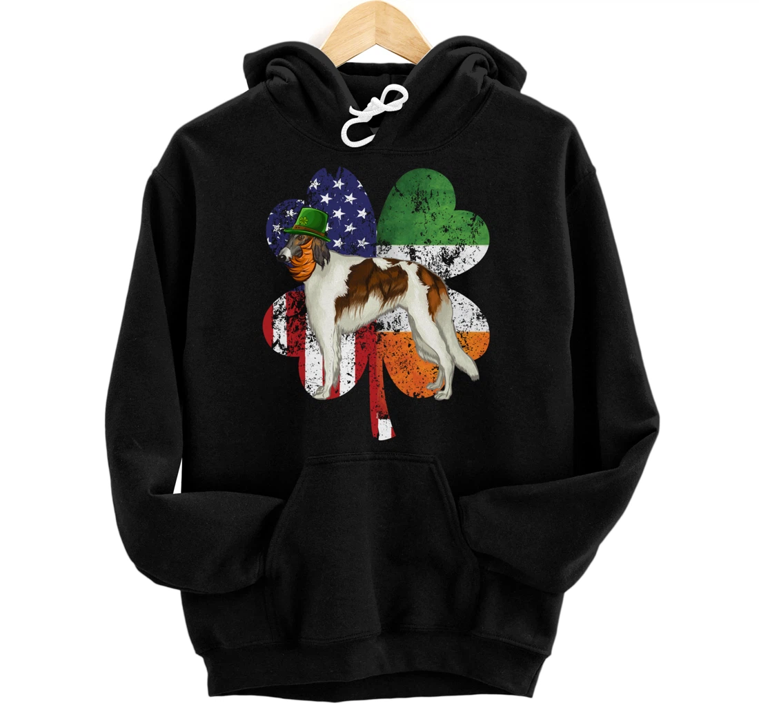 Personalized St Patricks Day Irish American Flag Borzoi Dog Pullover Hoodie